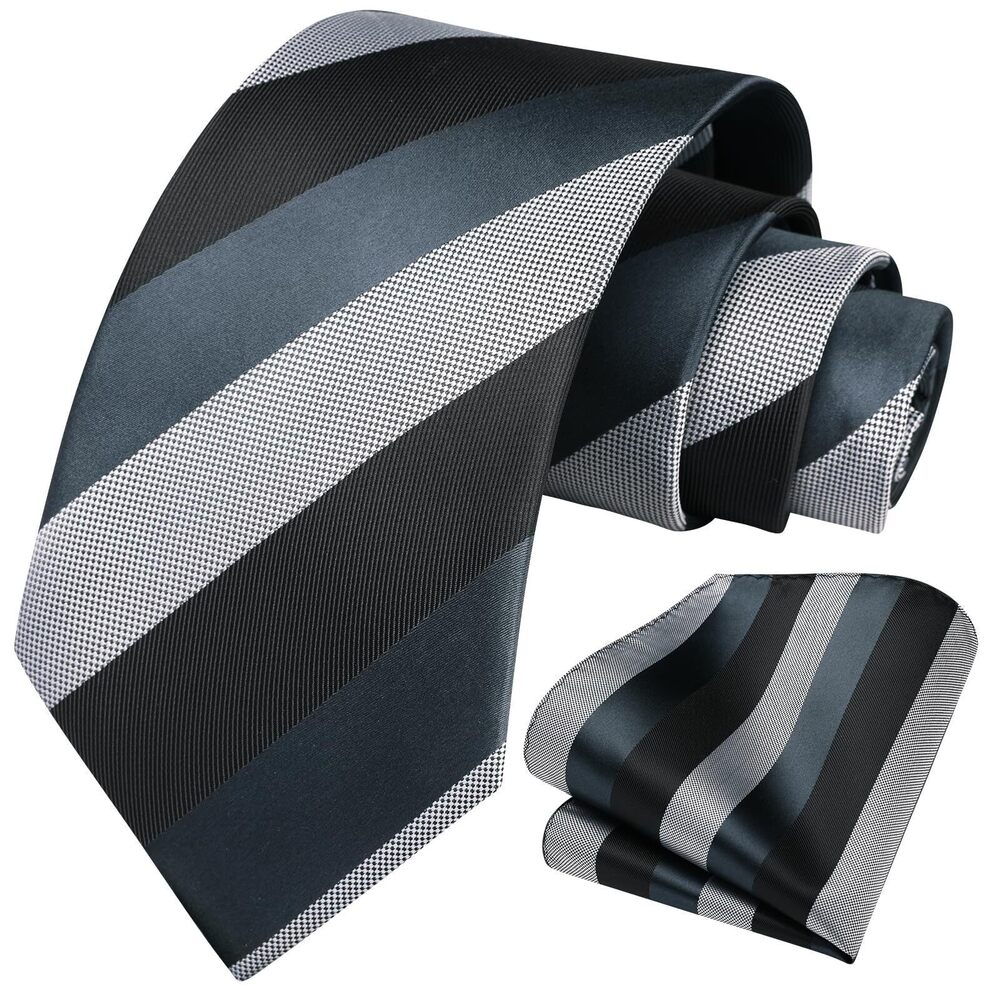 7866 Tie Black Stripe Tie and Pocket Square Set Formal Grey Striped Silk